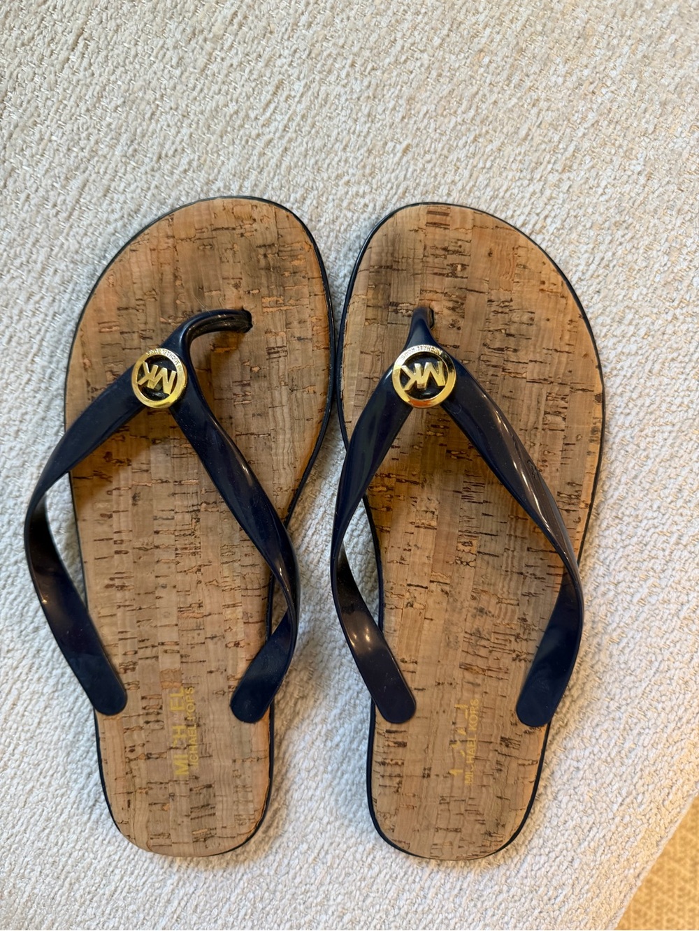 Michael Kors Navy Patent Flip Flops with Gold MK Emblems